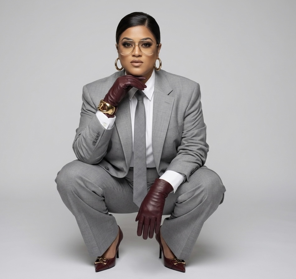 Jessica M. Reese in a grey suit with burgundy gloves